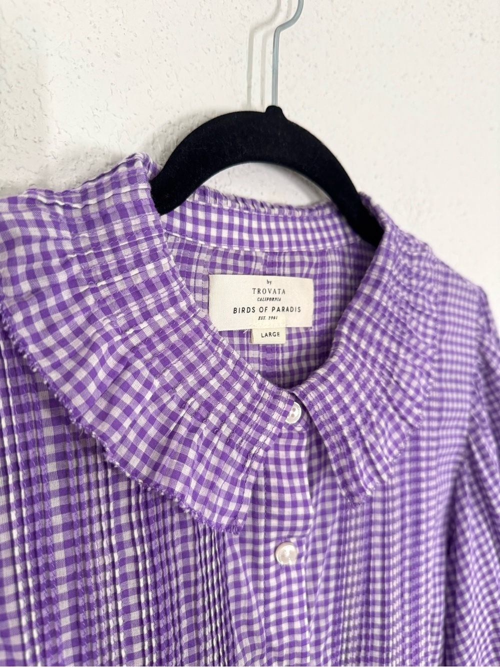 Birds of Paradis by Trovata Jess Puff Sleeve Blouse in Lilac Gingham Plaid Large - Picture 6 of 7
